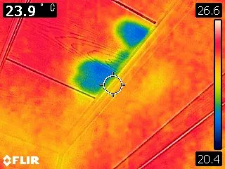 赤外線サーモグラフィーによる雨漏り調査の画像。水分を含んだ箇所が青く表示されている